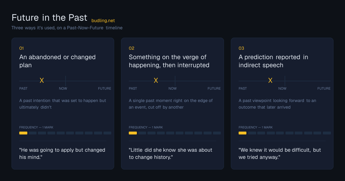 Future in the Past use cases on a Past-Now-Future timeline: An abandoned or changed plan, Something on the verge of happening, then interrupted, A prediction reported in indirect speech