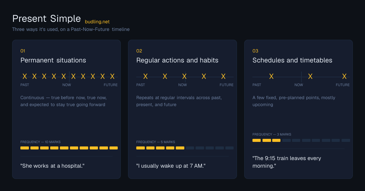 Present Simple use cases on a Past-Now-Future timeline: Permanent situations, Regular actions and habits, Schedules and timetables