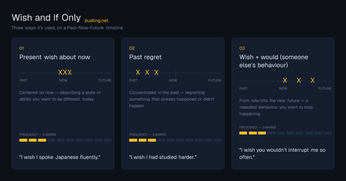 Wish and If Only use cases on a Past-Now-Future timeline: Present wish about now, Past regret, Wish + would (someone else's behaviour)