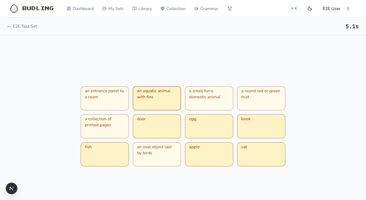 Match gameplay — An English flashcard matching game against the clock