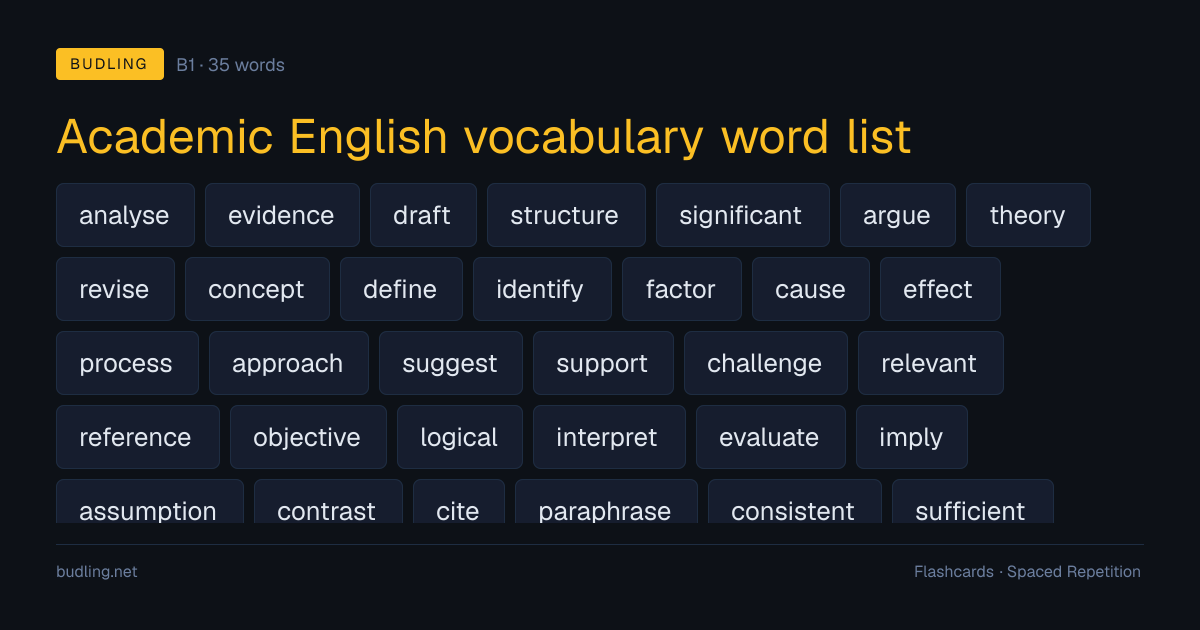 Academic English vocabulary word list — 35 B1 English flashcards