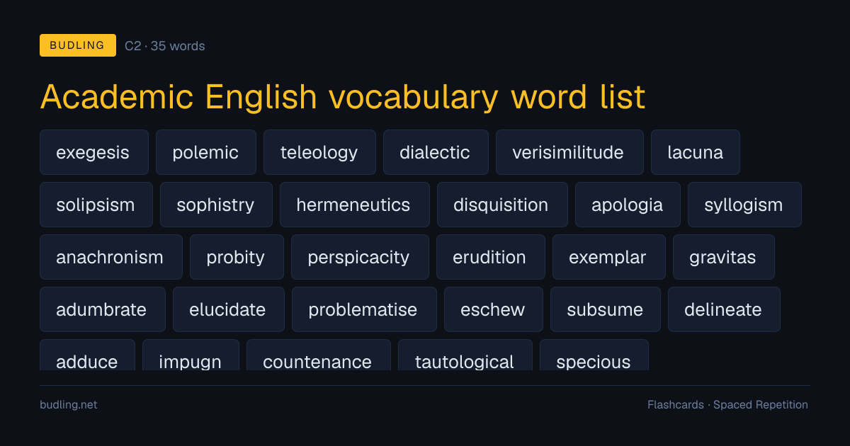 Academic English vocabulary word list — 35 C2 English flashcards
