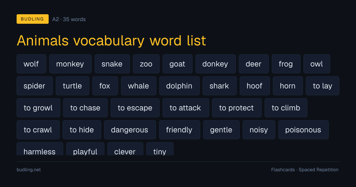 Animals vocabulary word list — 35 A2 English flashcards