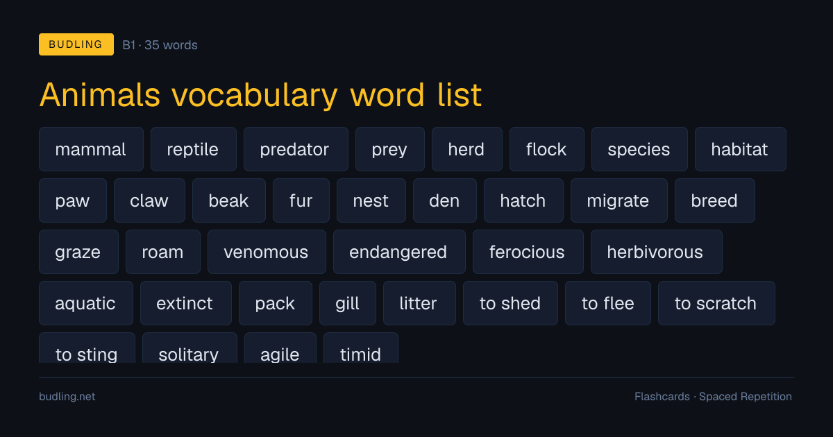 Animals vocabulary word list — 35 B1 English flashcards