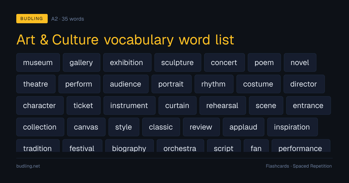Art & Culture vocabulary word list — 35 A2 English flashcards