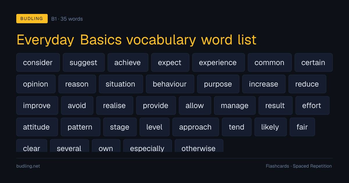 Everyday Basics vocabulary word list — 35 B1 English flashcards