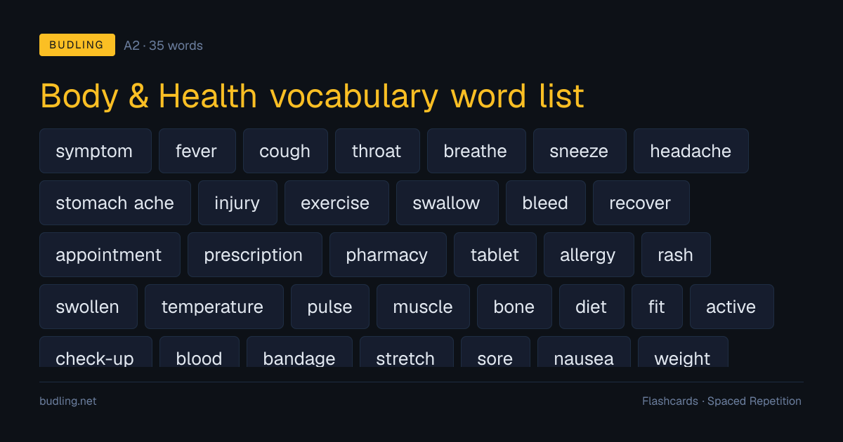 Body & Health vocabulary word list — 35 A2 English flashcards