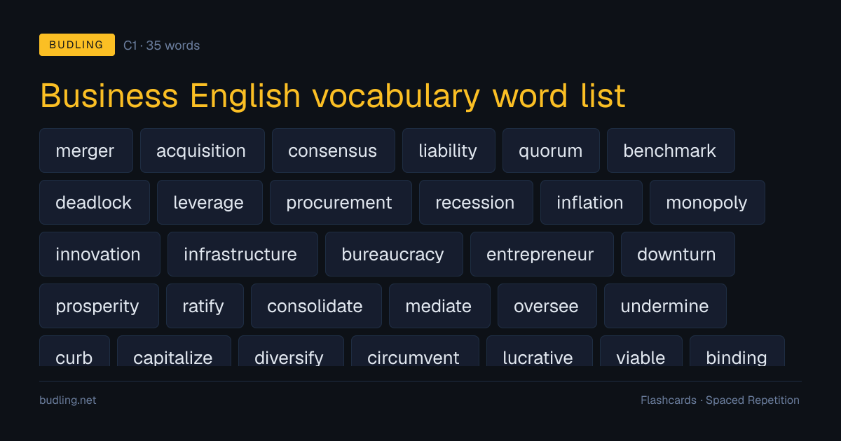 Business English vocabulary word list — 35 C1 English flashcards