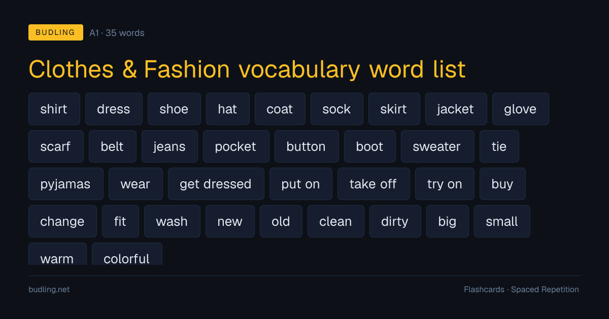 Clothes & Fashion vocabulary word list — 35 A1 English flashcards