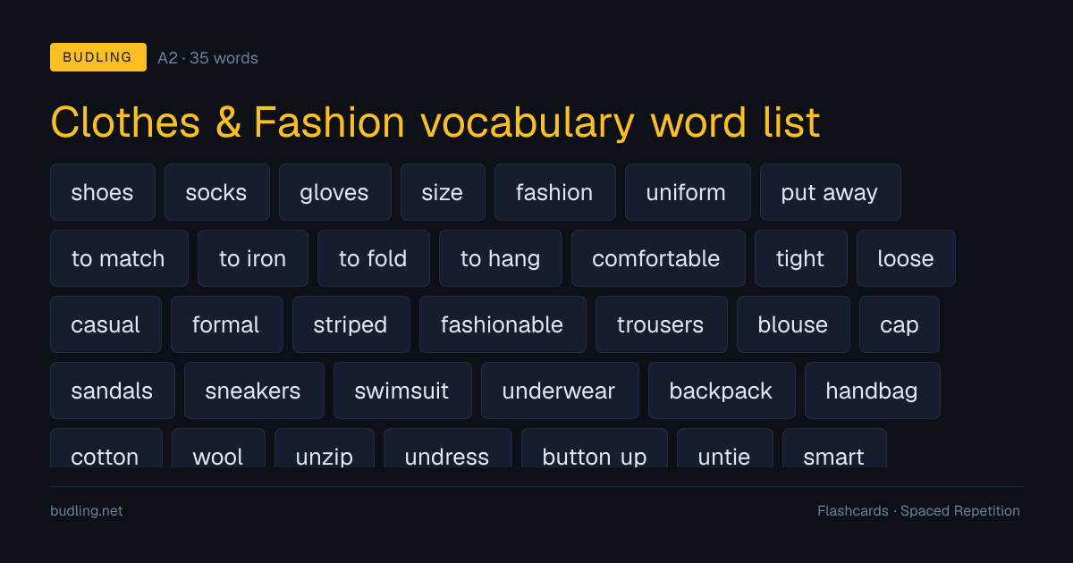 Clothes & Fashion vocabulary word list — 35 A2 English flashcards