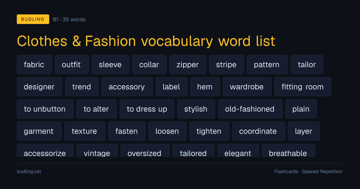 Clothes & Fashion vocabulary word list — 35 B1 English flashcards