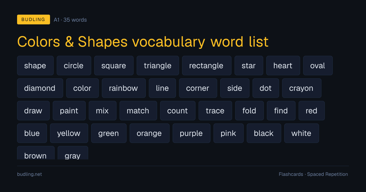 Colors & Shapes vocabulary word list — 35 A1 English flashcards