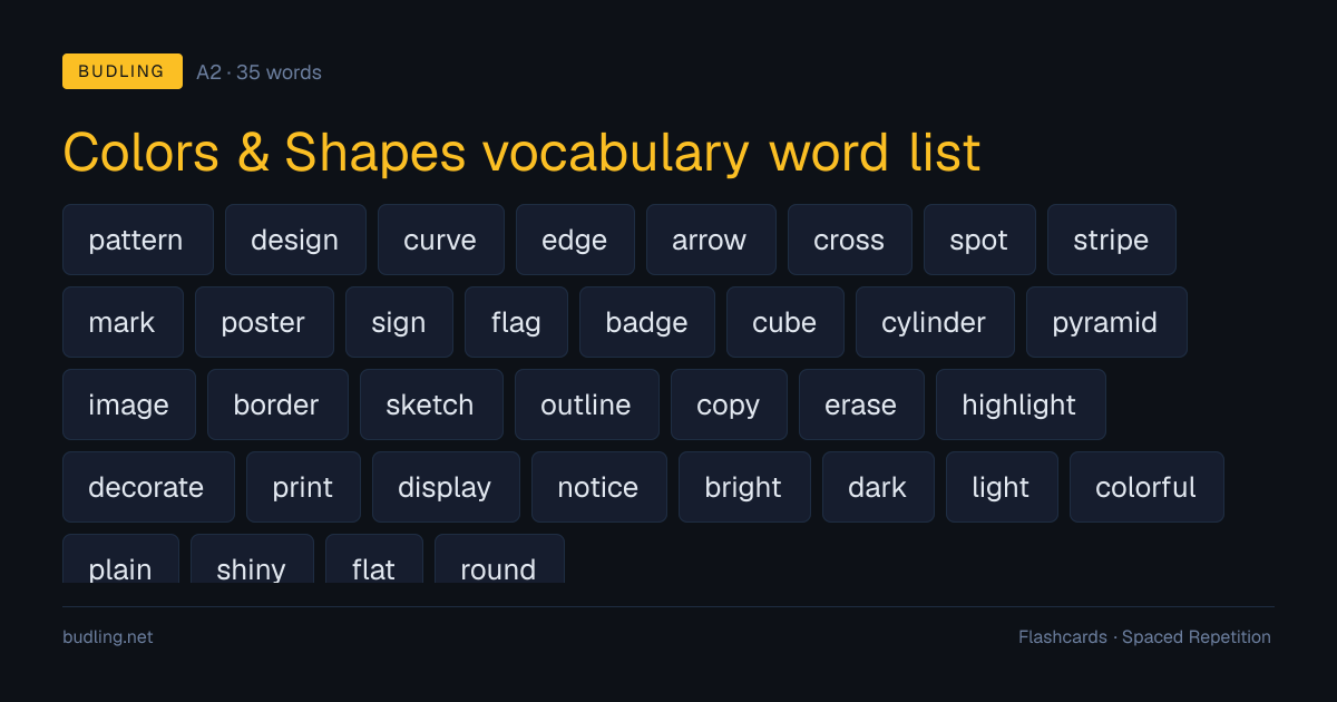 Colors & Shapes vocabulary word list — 35 A2 English flashcards