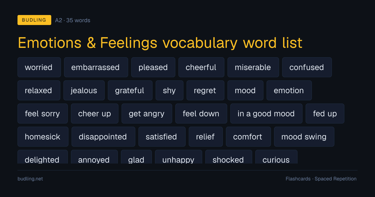 Emotions & Feelings vocabulary word list — 35 A2 English flashcards