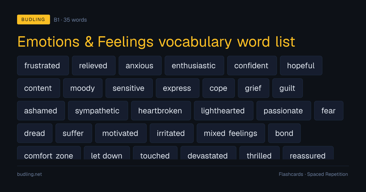 Emotions & Feelings vocabulary word list — 35 B1 English flashcards