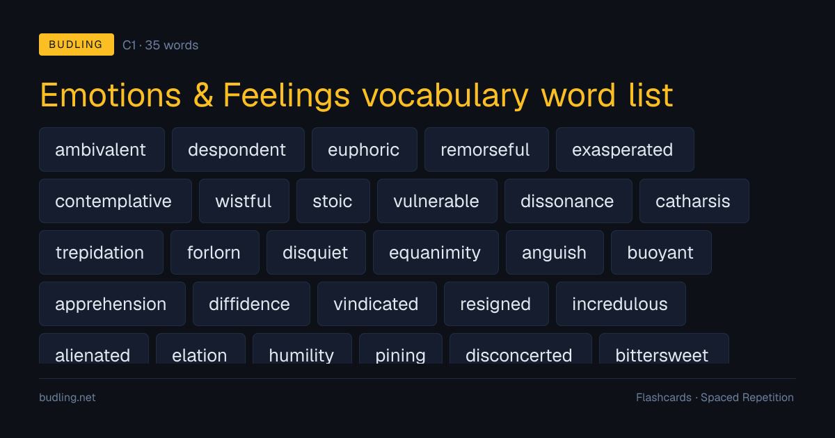 Emotions & Feelings vocabulary word list — 35 C1 English flashcards