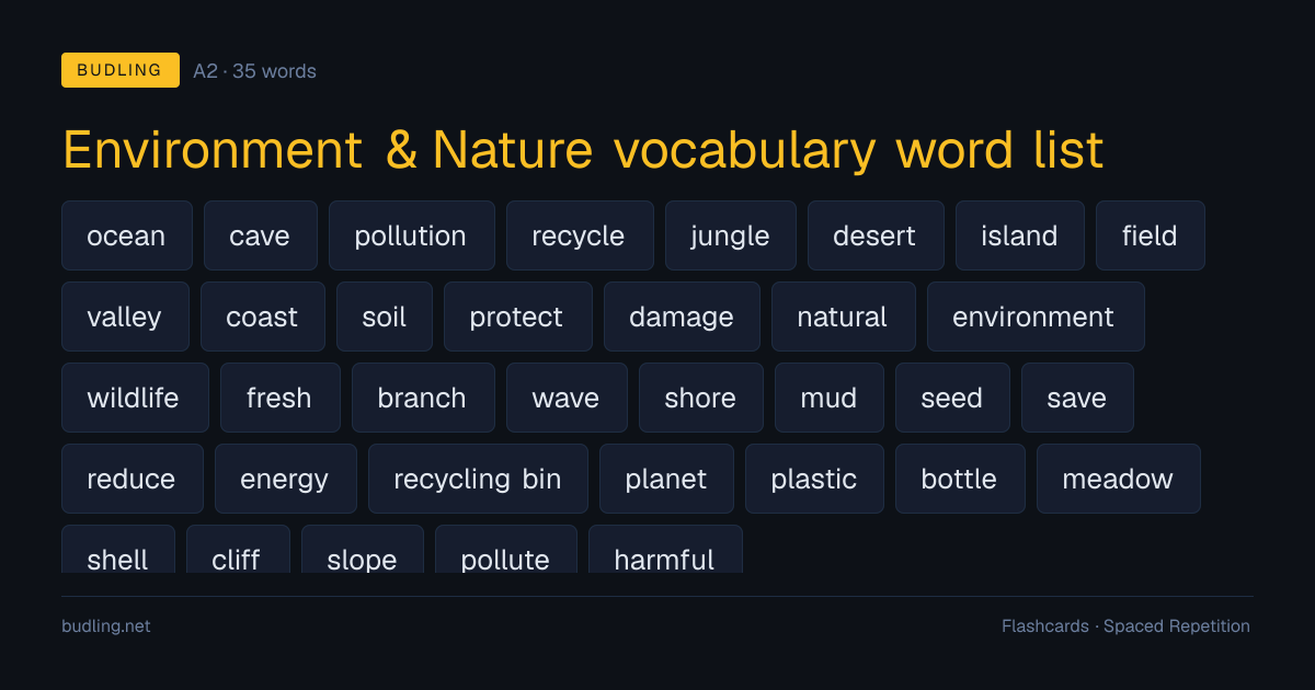 Environment & Nature vocabulary word list — 35 A2 English flashcards