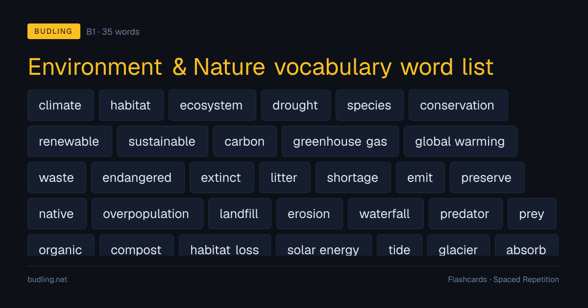 Environment & Nature vocabulary word list — 35 B1 English flashcards
