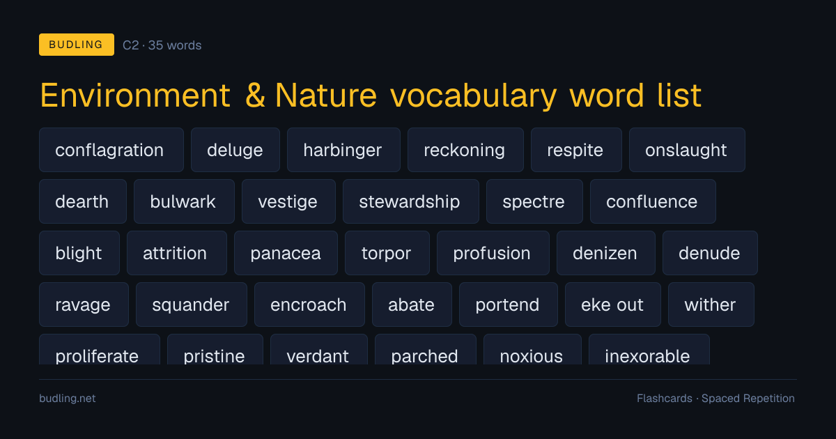 Environment & Nature vocabulary word list — 35 C2 English flashcards