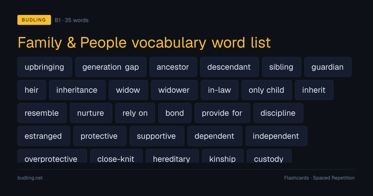 Family & People vocabulary word list — 35 B1 English flashcards
