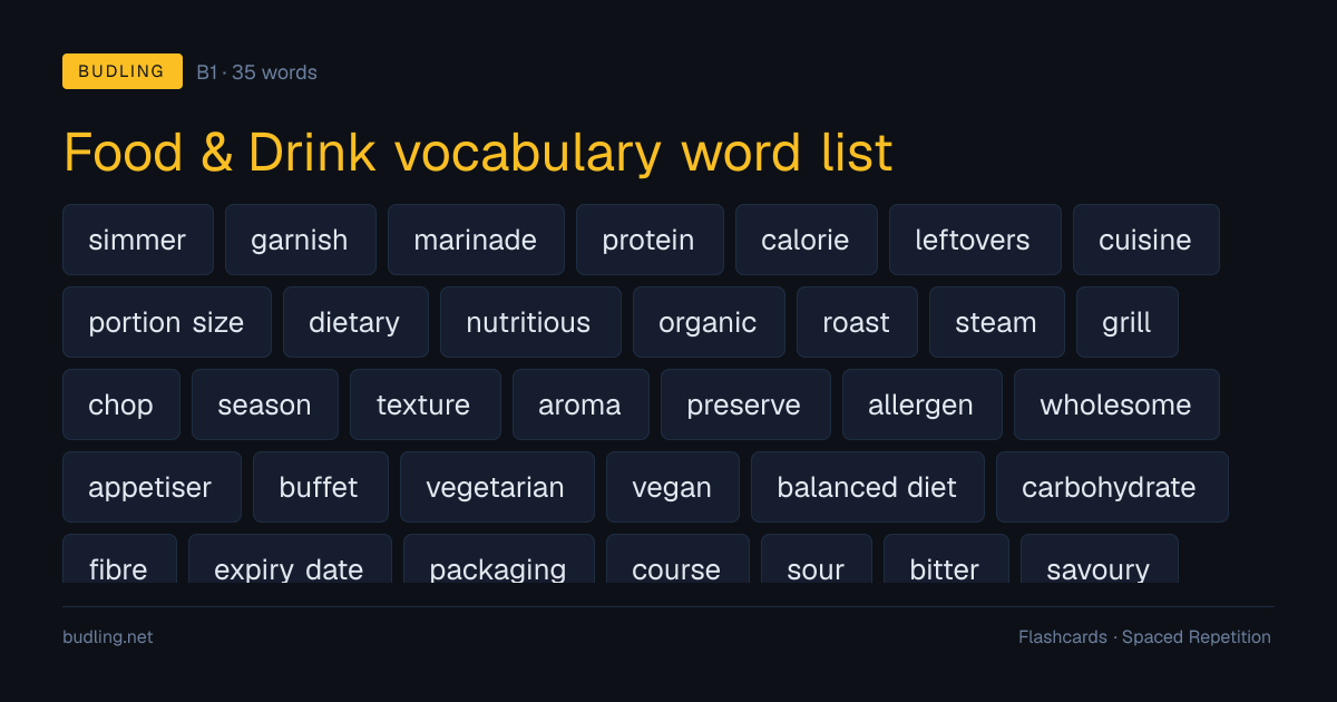 Food & Drink vocabulary word list — 35 B1 English flashcards