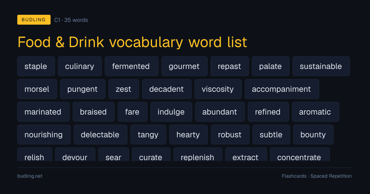 Food & Drink vocabulary word list — 35 C1 English flashcards