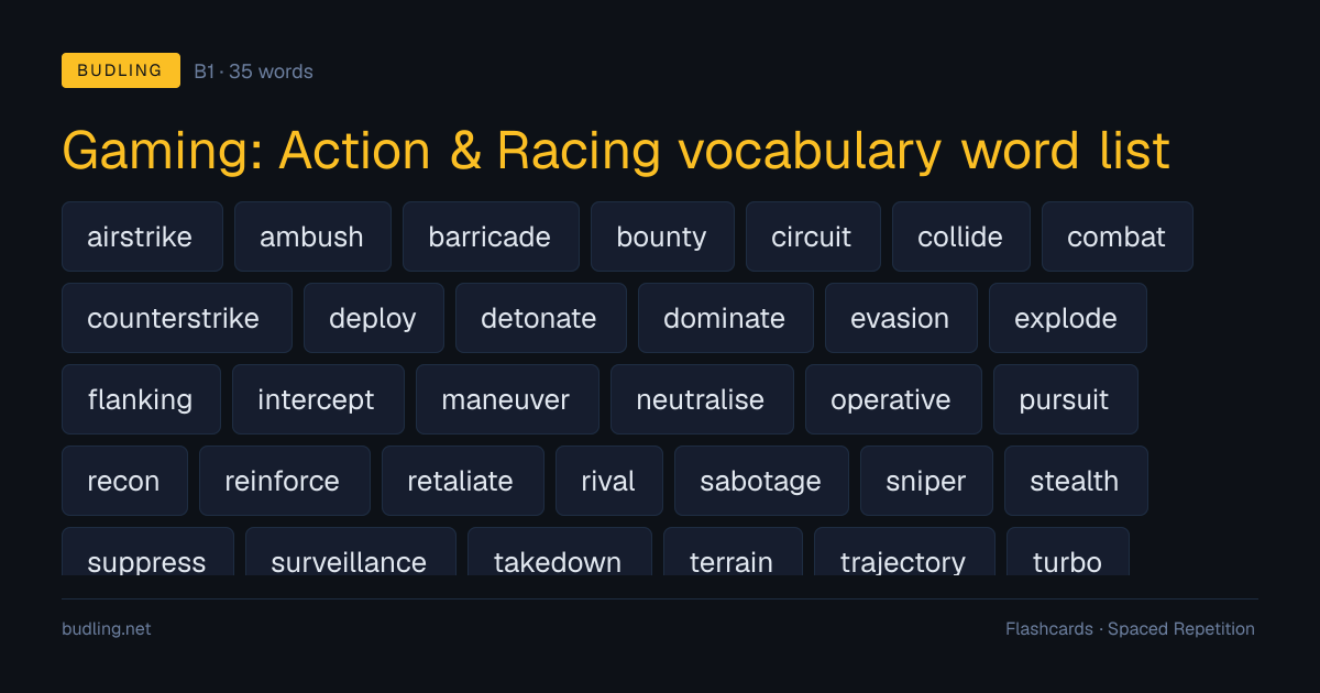 Gaming: Action & Racing vocabulary word list — 35 B1 English flashcards