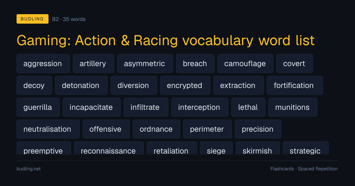 Gaming: Action & Racing vocabulary word list — 35 B2 English flashcards
