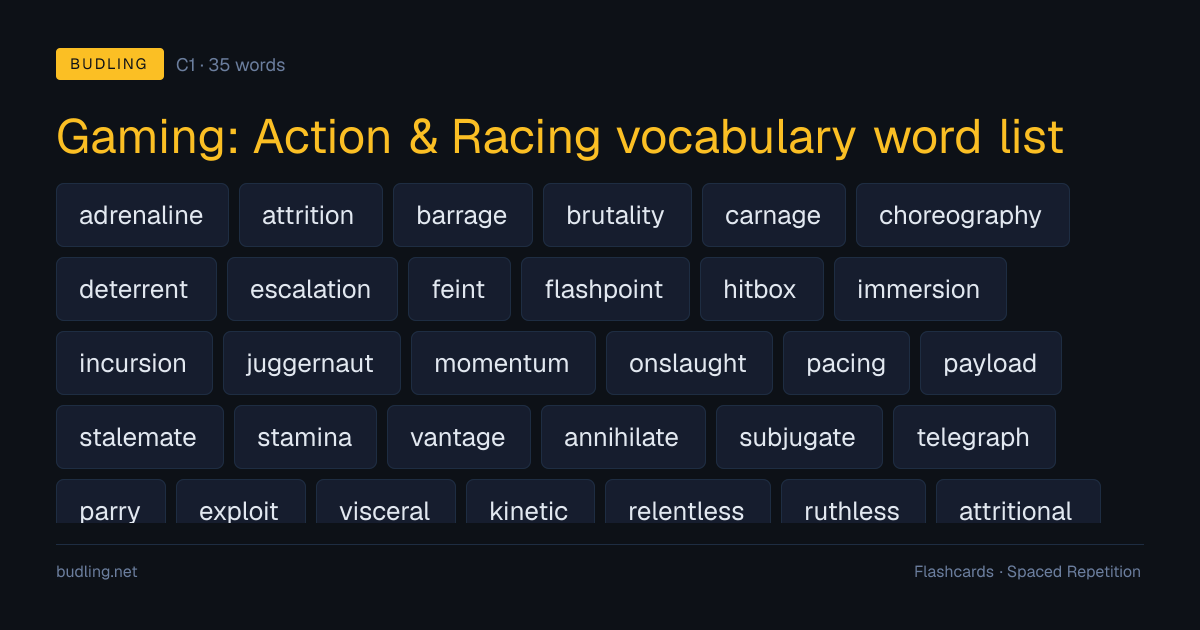 Gaming: Action & Racing vocabulary word list — 35 C1 English flashcards