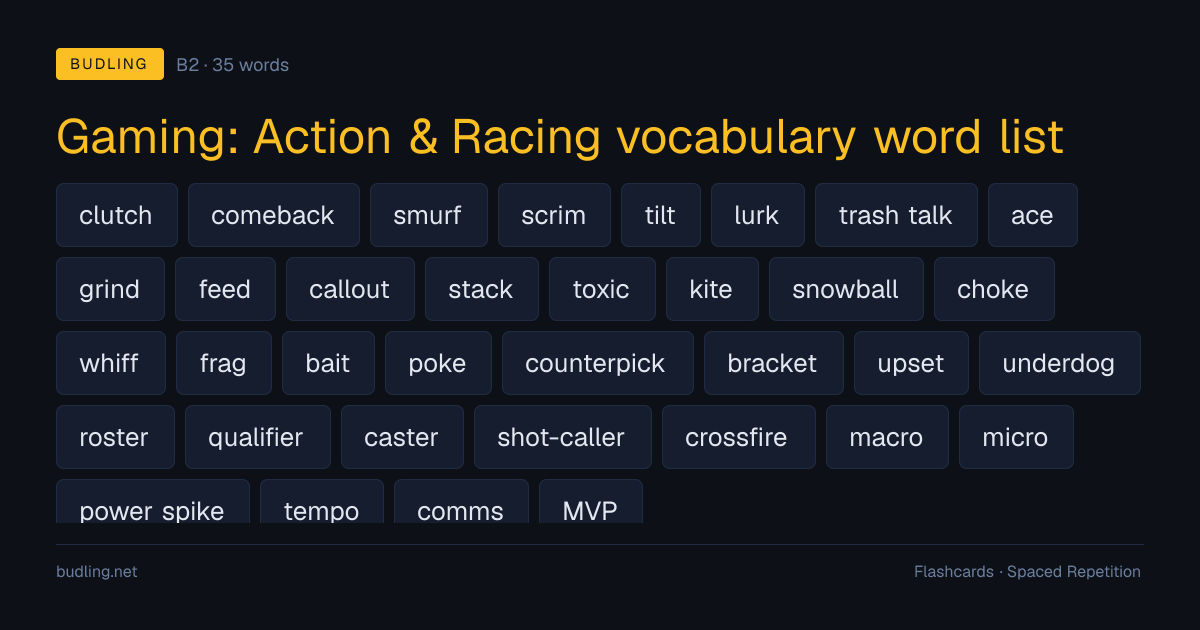 Gaming: Action & Racing vocabulary word list — 35 B2 English flashcards