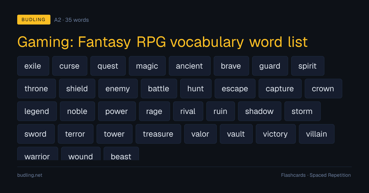 Gaming: Fantasy RPG vocabulary word list — 35 A2 English flashcards