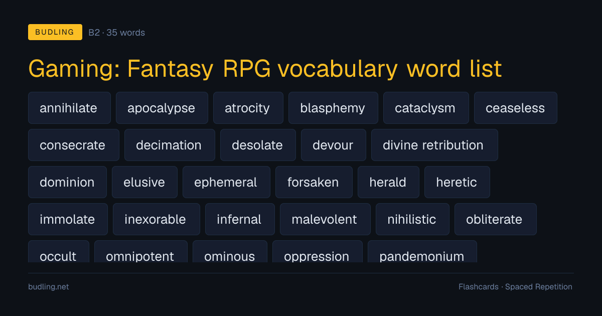 Gaming: Fantasy RPG vocabulary word list — 35 B2 English flashcards