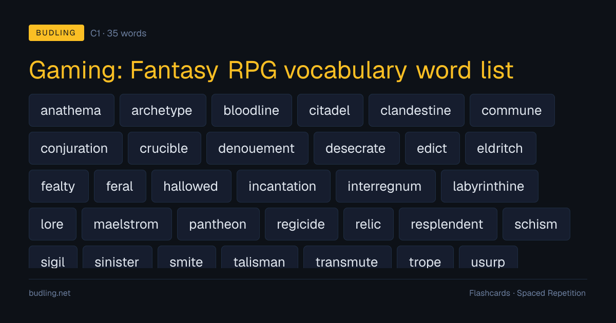 Gaming: Fantasy RPG vocabulary word list — 35 C1 English flashcards