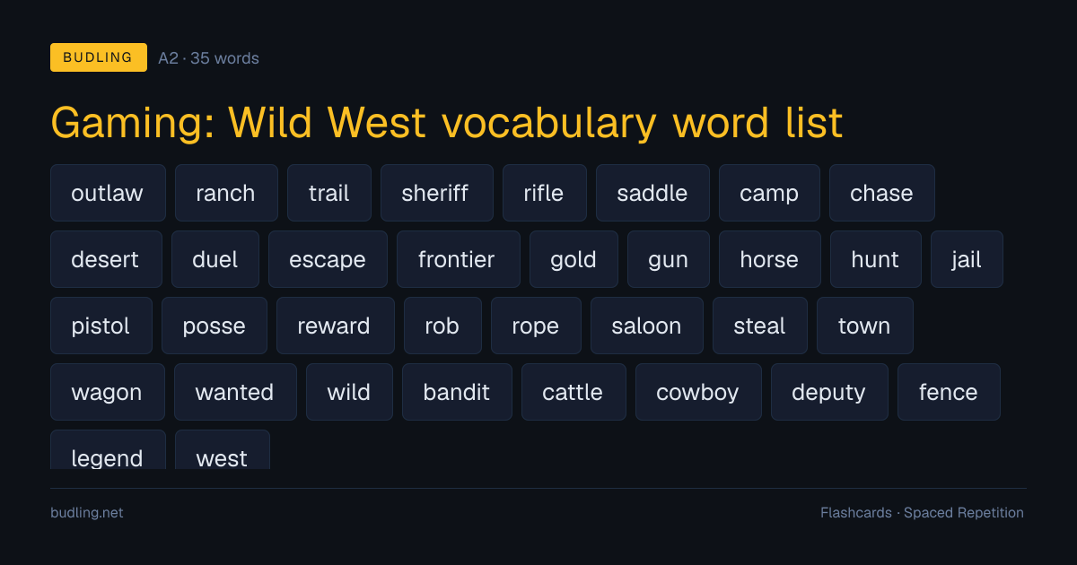Gaming: Wild West vocabulary word list — 35 A2 English flashcards