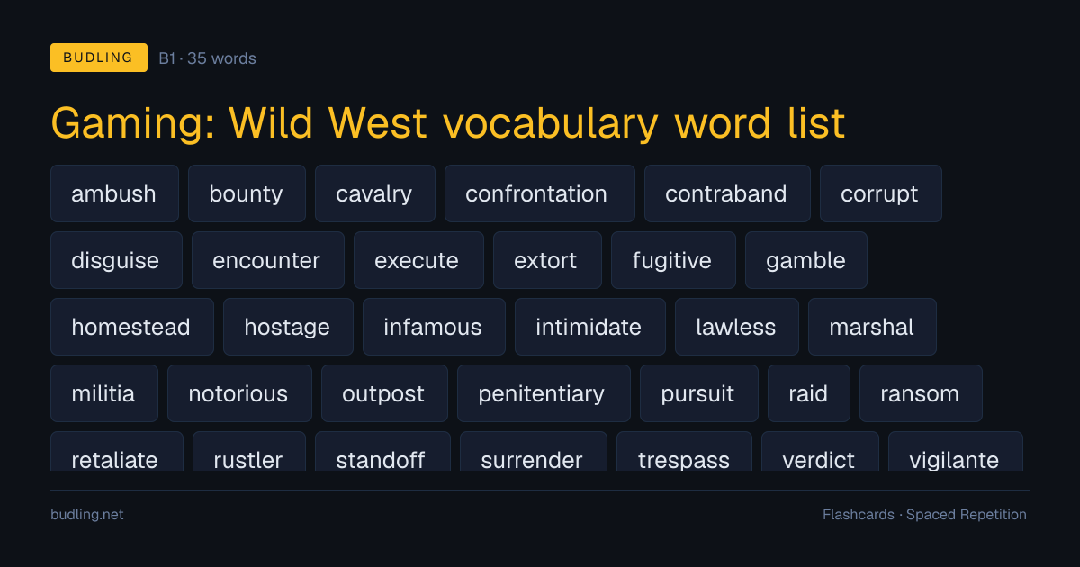 Gaming: Wild West vocabulary word list — 35 B1 English flashcards