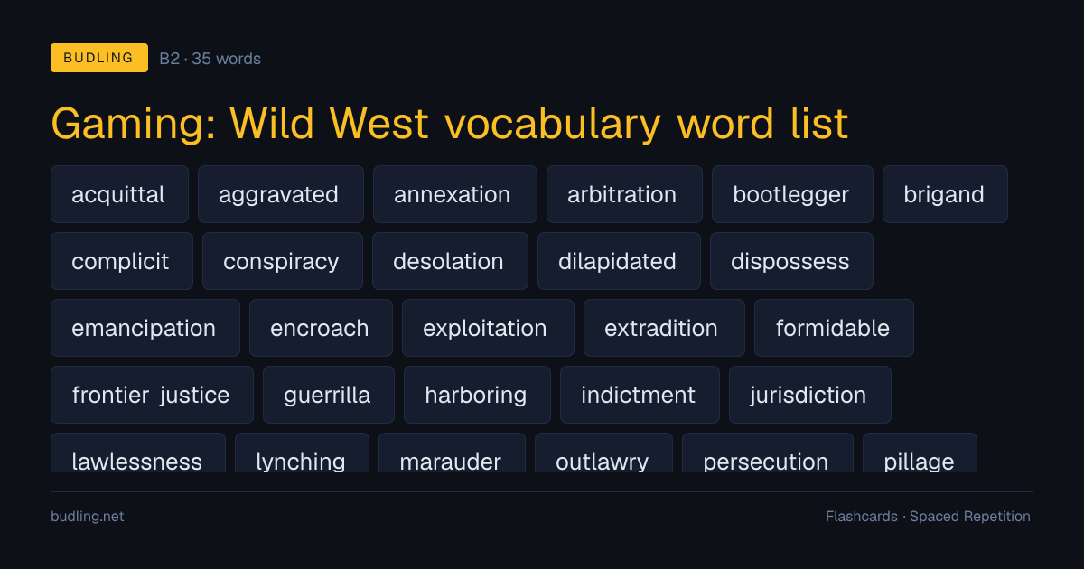 Gaming: Wild West vocabulary word list — 35 B2 English flashcards