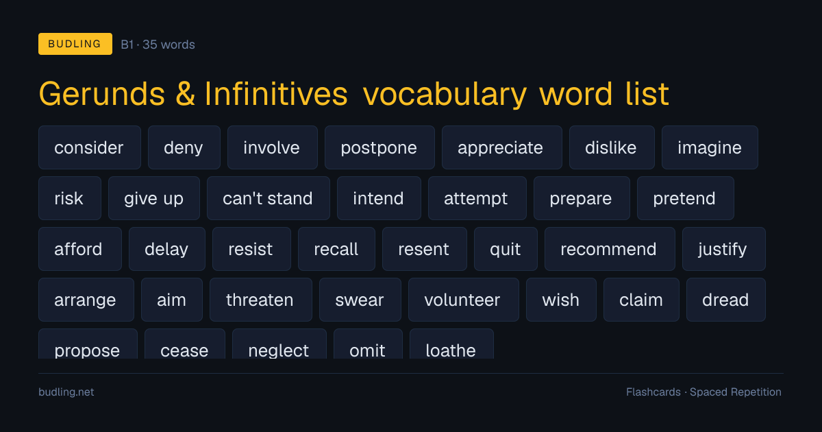 Gerunds & Infinitives vocabulary word list — 35 B1 English flashcards
