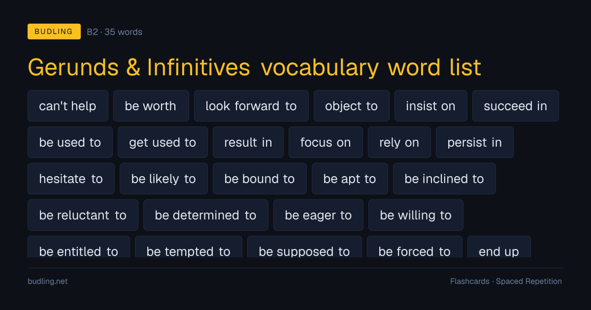 Gerunds & Infinitives vocabulary word list — 35 B2 English flashcards