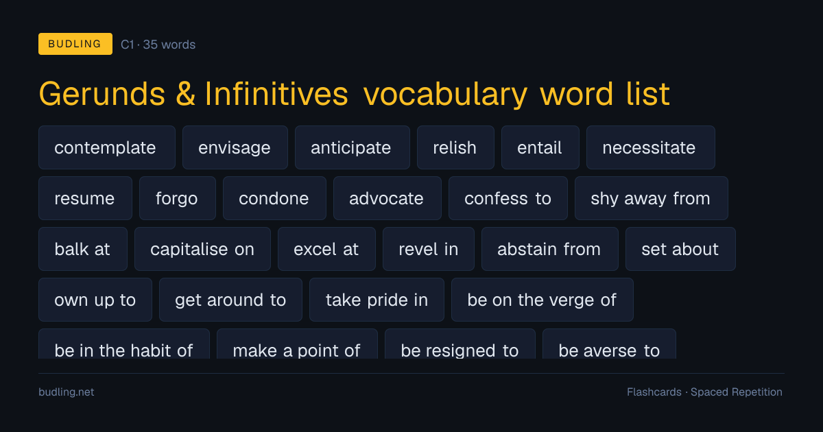 Gerunds & Infinitives vocabulary word list — 35 C1 English flashcards