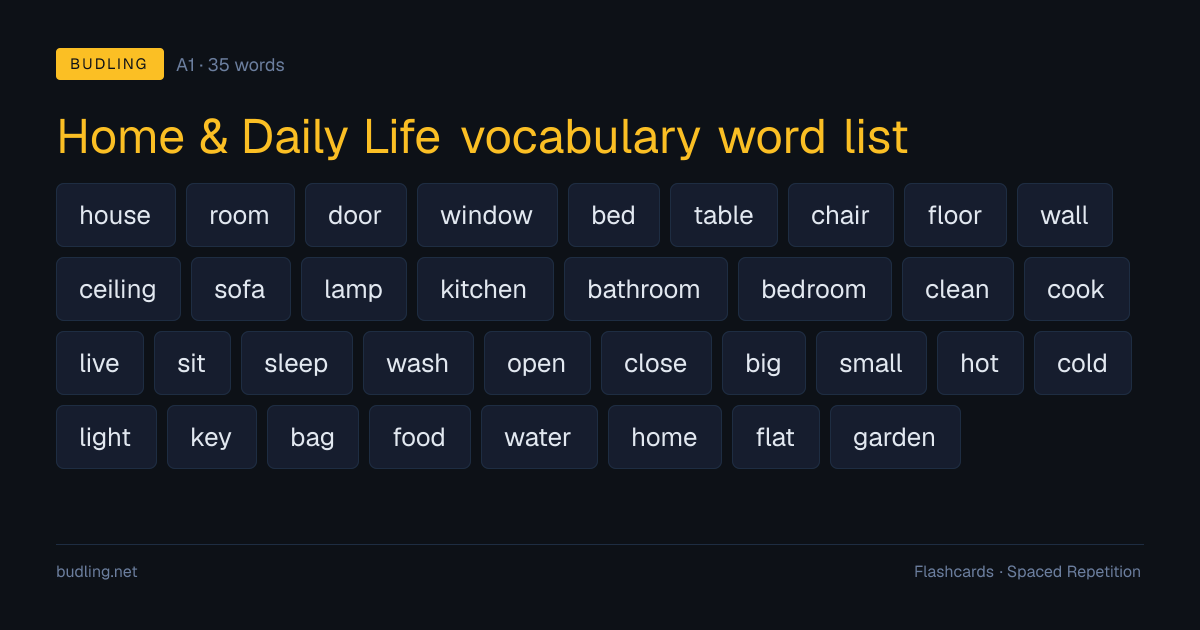 Home & Daily Life vocabulary word list — 35 A1 English flashcards