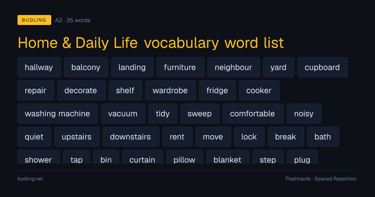 Home & Daily Life vocabulary word list — 35 A2 English flashcards