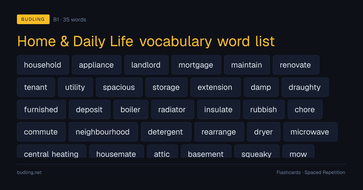 Home & Daily Life vocabulary word list — 35 B1 English flashcards