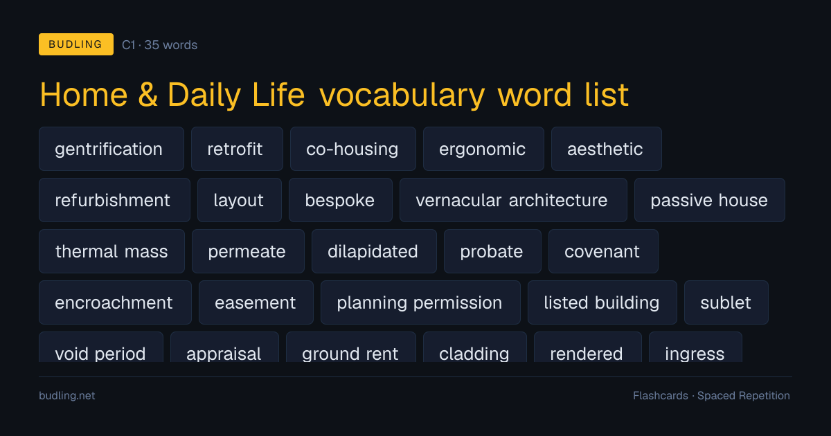Home & Daily Life vocabulary word list — 35 C1 English flashcards