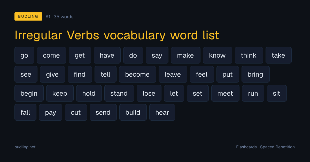 Irregular Verbs vocabulary word list — 35 A1 English flashcards
