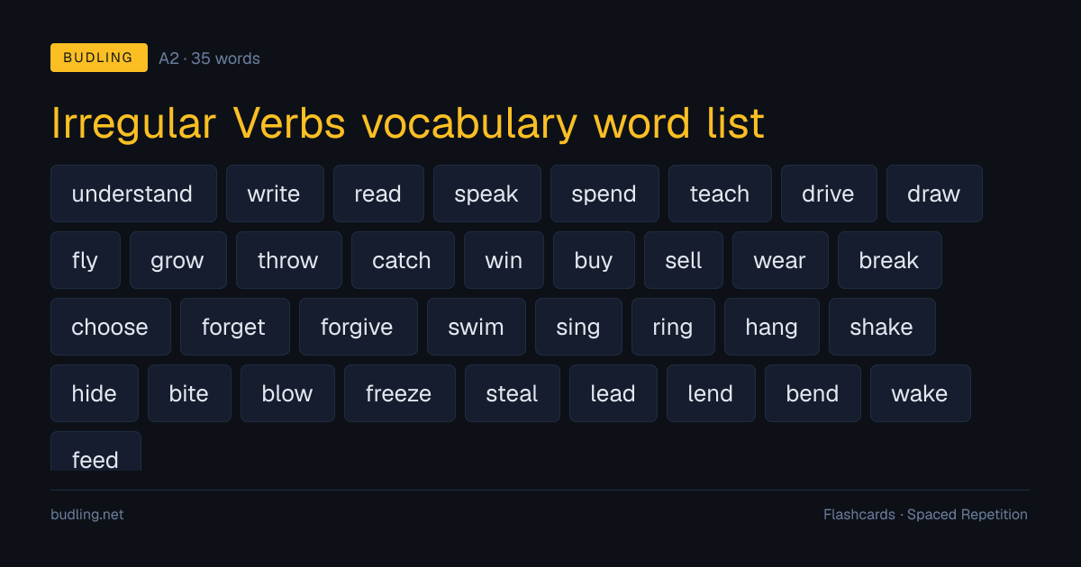 Irregular Verbs vocabulary word list — 35 A2 English flashcards