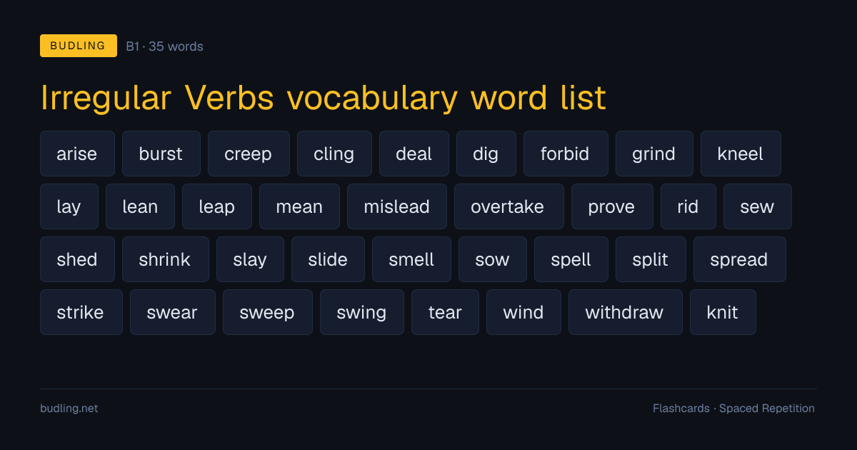 Irregular Verbs vocabulary word list — 35 B1 English flashcards