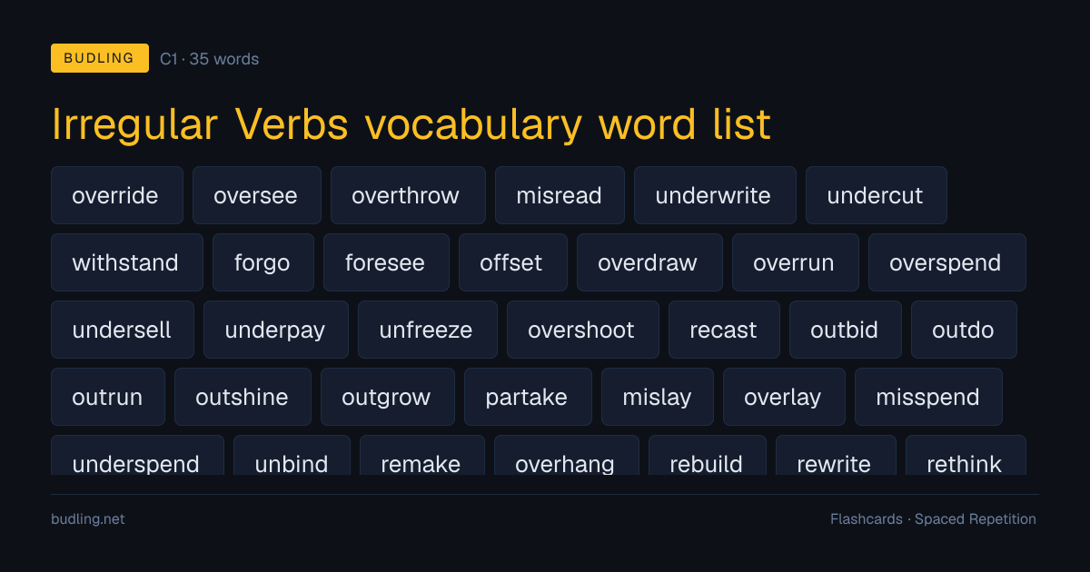 Irregular Verbs vocabulary word list — 35 C1 English flashcards