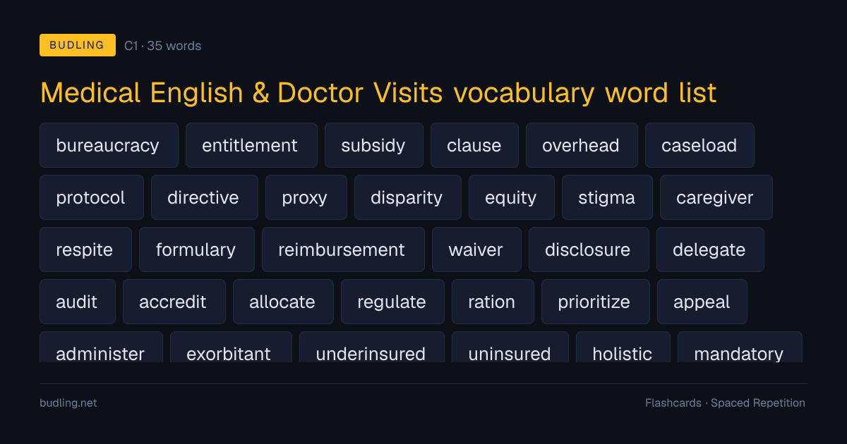 Medical English & Doctor Visits vocabulary word list — 35 C1 English flashcards