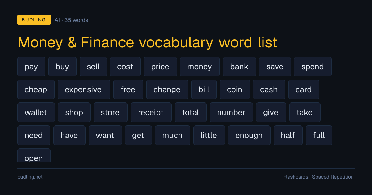 Money & Finance vocabulary word list — 35 A1 English flashcards