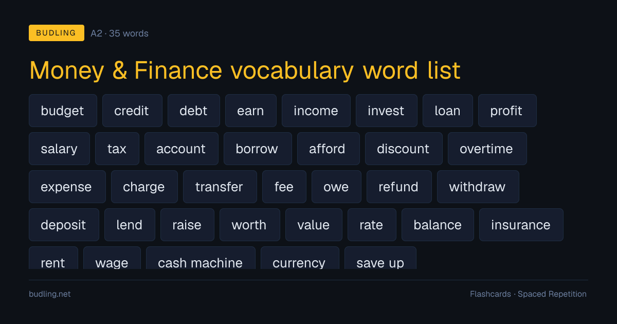 Money & Finance vocabulary word list — 35 A2 English flashcards
